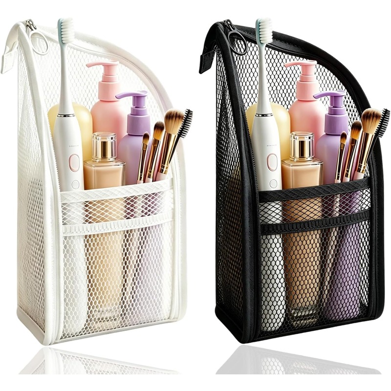 Travel Accessories Holder - กระเป๋าใส่ของใช้ส่วนตัวแบบตาข่าย ระบายอากาศ แห้งเร็ว ตั้งได้ พร้อมที่วางแปรงสีฟันและที่จัดเก็บเครื่องสำอาง สำหรับเดินทาง