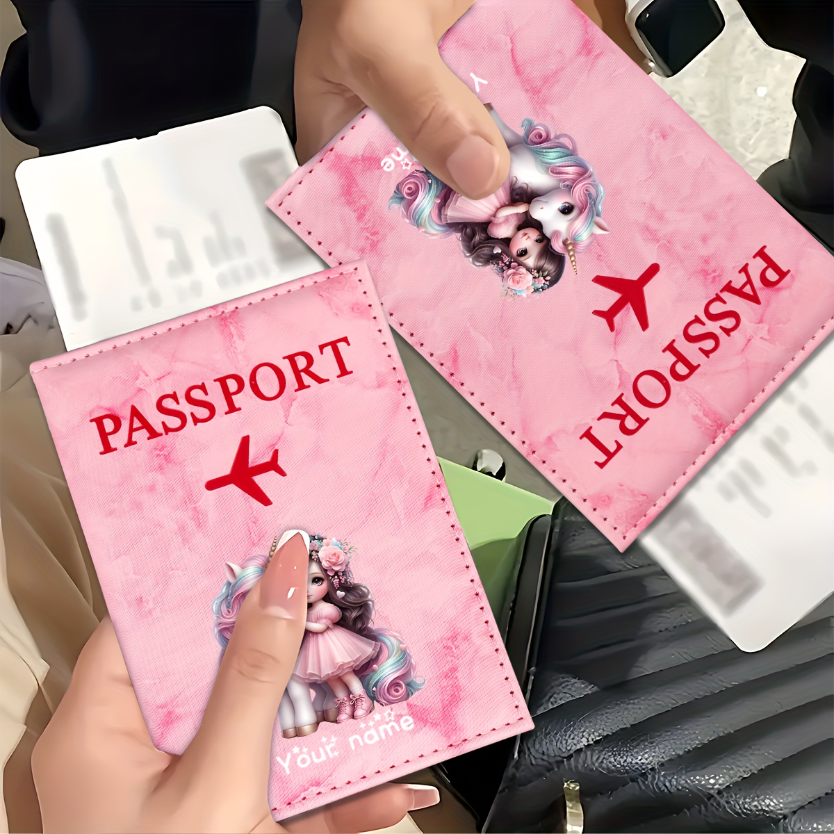 Travel Accessories Plane - ที่ใส่หนังสือเดินทางลายยูนิคอร์นเกิร์ล ทำจาก PU พร้อมไอคอนเครื่องบินสีทอง ช่องใส่บัตร กระเป๋าสตางค์สำหรับเดินทาง
