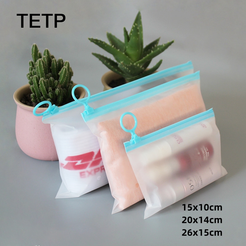 Travel Ziplock Bags - ถุงซิปแบบฝ้า TETP พร้อมห่วงดึงสีน้ำเงิน สำหรับใส่ผลิตภัณฑ์ดูแลผิว ถุงเท้า อุปกรณ์อาบน้ำ