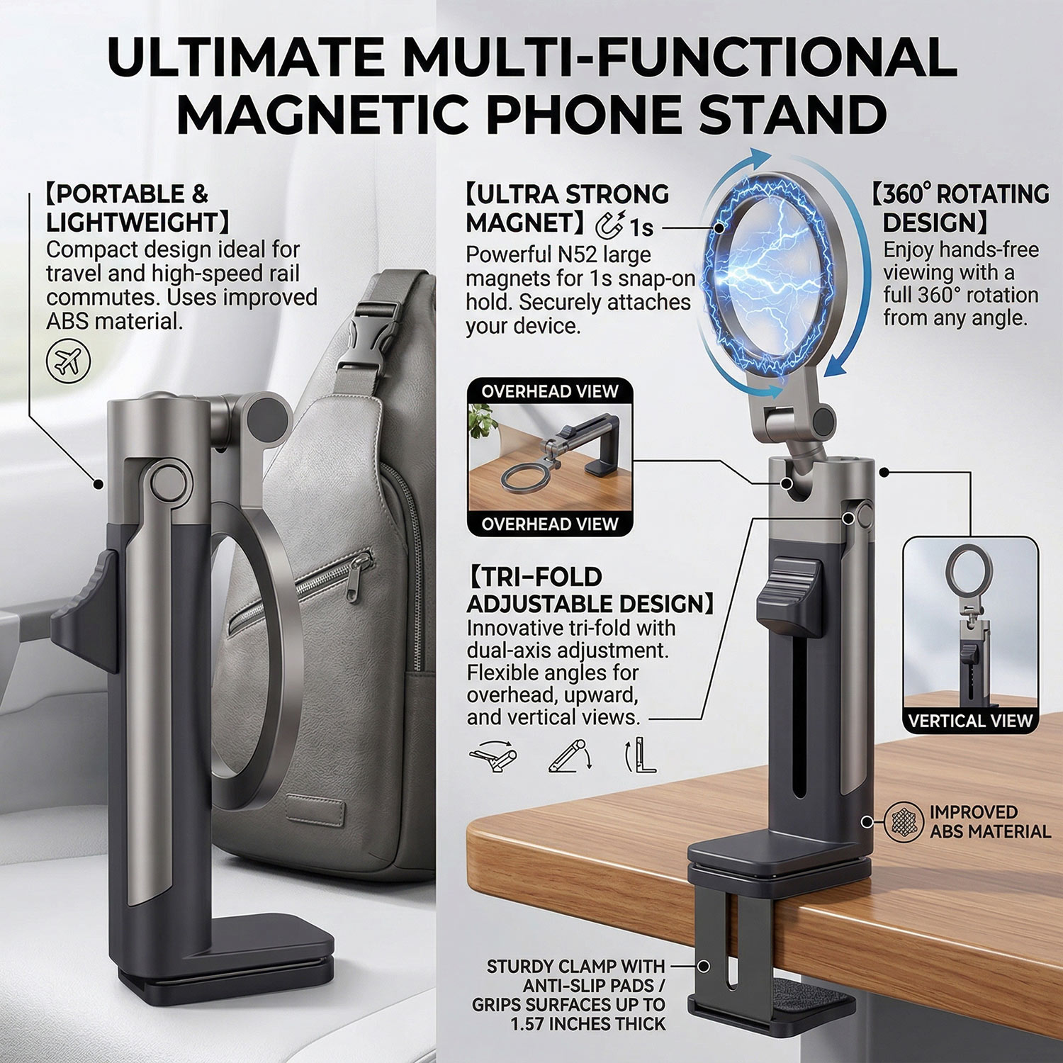 Phone Holder Airplane - ที่วางโทรศัพท์แม่เหล็กสำหรับเซลฟี่ อุปกรณ์จำเป็นสำหรับการเดินทาง หมุนได้อิสระ ใช้งานได้โดยไม่ต้องใช้มือ ที่ยึดโทรศัพท์มือถือสำหรับเครื่องบิน ขาตั้งแบบพกพาสำหรับวางบนเบาะ