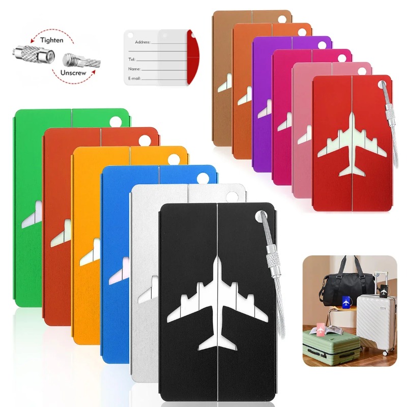 Travel Accessories Plane - ป้ายแท็กกระเป๋าเดินทางอะลูมิเนียมอัลลอยด์ ป้ายแขวนกระเป๋าเดินทาง ป้ายแท็กกระเป๋าเดินทางพร้อมช่องใส่ชื่อและบัตรประจำตัว อุปกรณ์เสริมการเดินทางสีพื้นป้องกันการสูญหาย