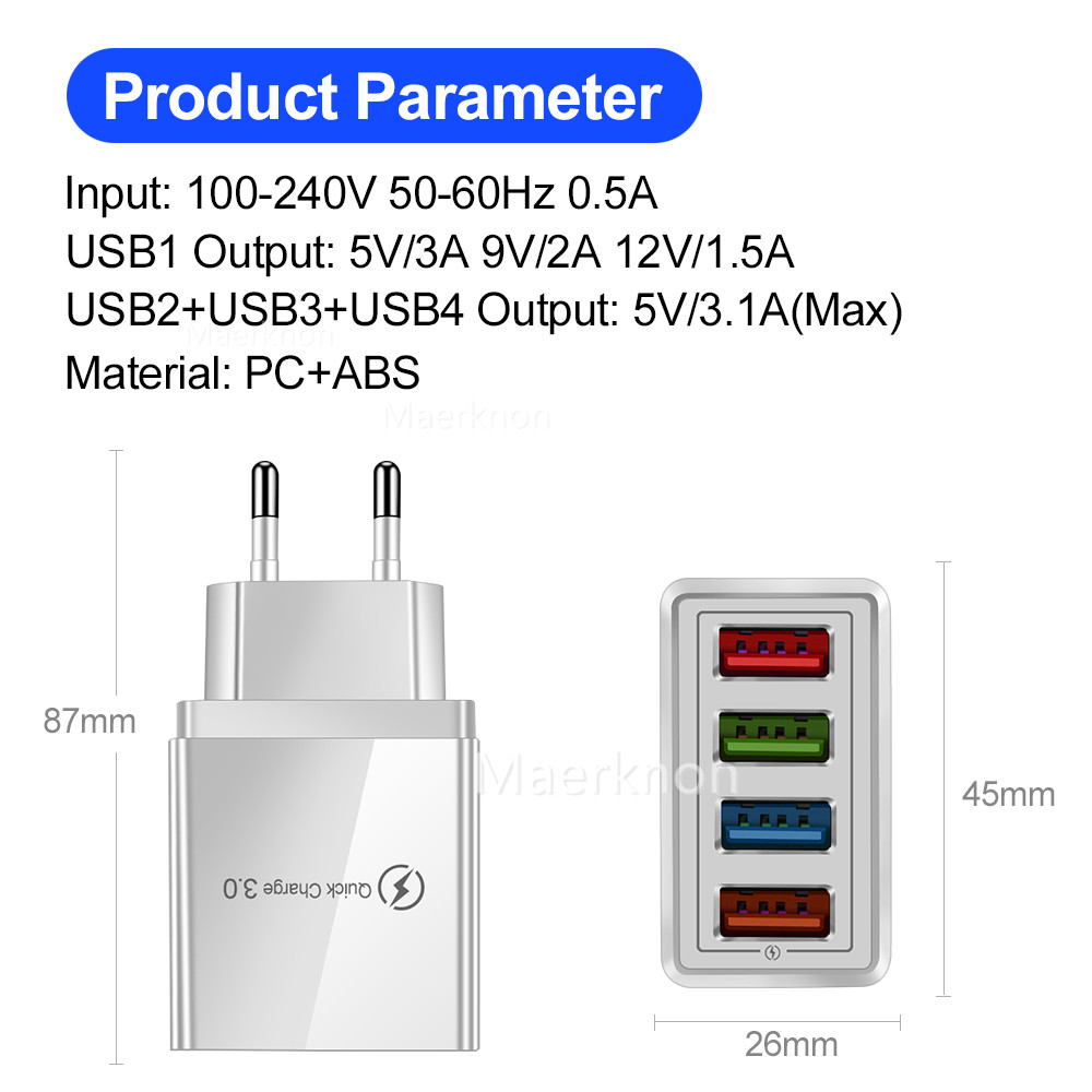 Travel Accessories Iphone - 4 USB หัวชาร์จเร็ว EU/US อะแดปเตอร์มาตรฐานเครื่องชาร์จสำหรับเดินทางพร้อมอุปกรณ์เสริมเครื่องชาร์จหลายพอร์ตสำหรับไอโฟน ซัมซุง