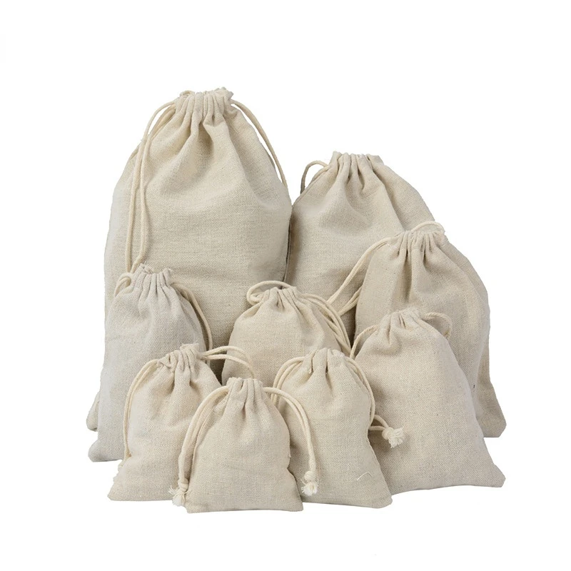 Travel Jewellery & Accessories Organiser - Travel Drawstring ผ้าฝ้ายผ้าลินินกระเป๋าหลายขนาด Beige เหรียญเงินกระเป๋า ID